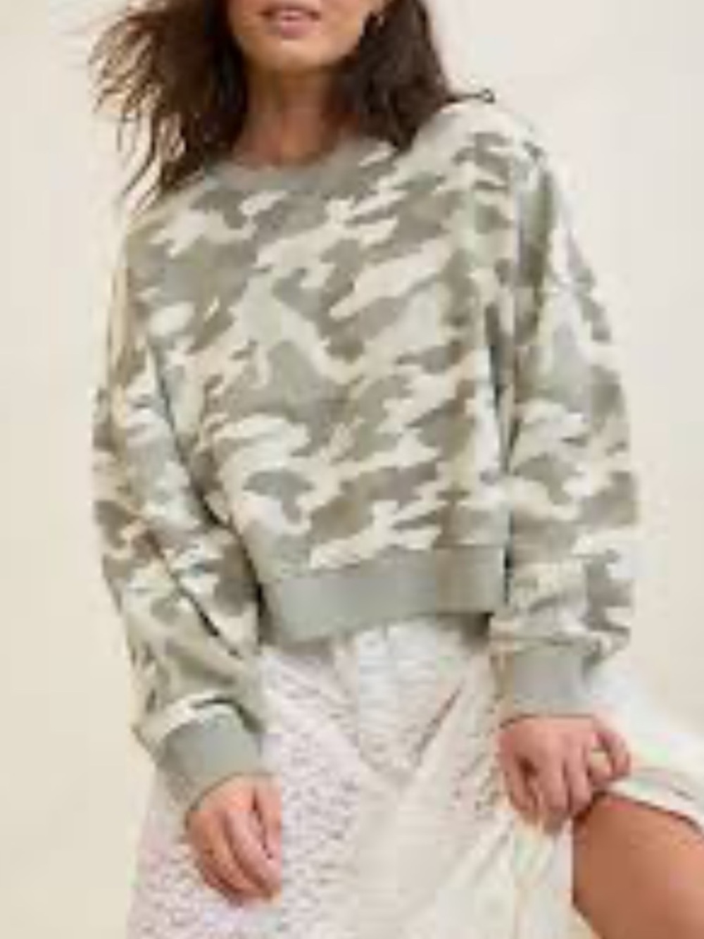 aerie Olive and Cream Camo Crewneck Sweater